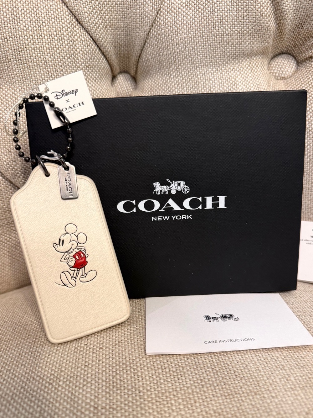 NEW Coach Disney Mickey Mouse Chalk White Leather Fob Bag Charm Bag Tag Keychain - Picture 1 of 8